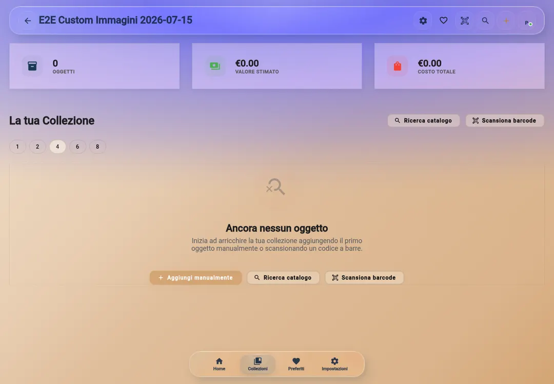 Schermata WeCurio con una collezione personalizzata pronta per aggiungere oggetti