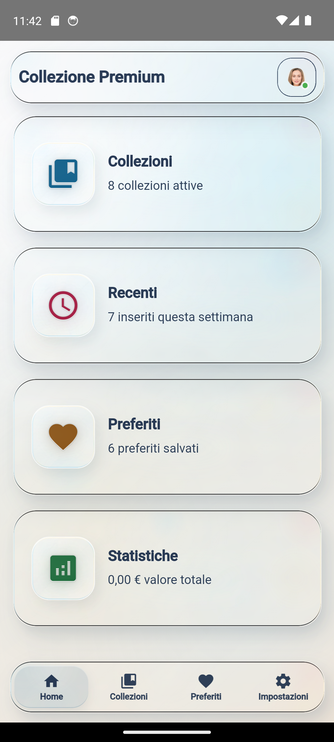 Home mobile WeCurio con collezioni, recenti, preferiti e statistiche
