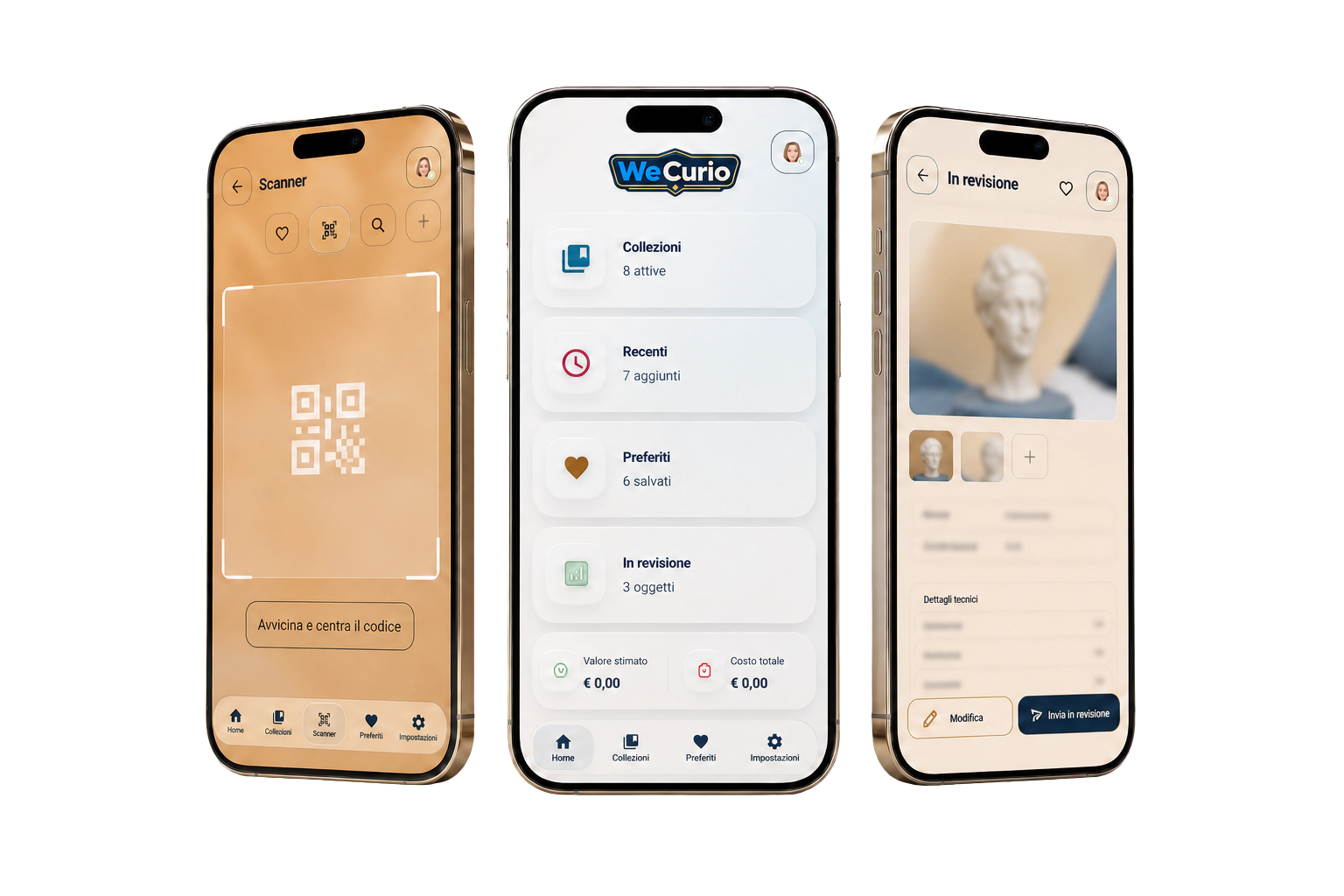 Tre smartphone realistici con schermate dell'app WeCurio